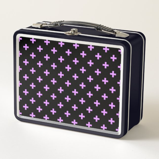 Lilac polka crosses on black metal lunch box (Front)