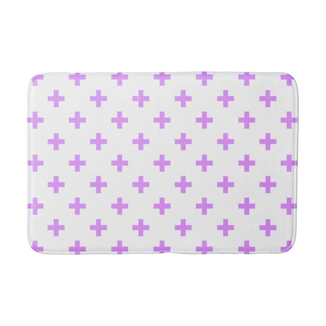 Lilac polka crosses on white bath mat (Front)