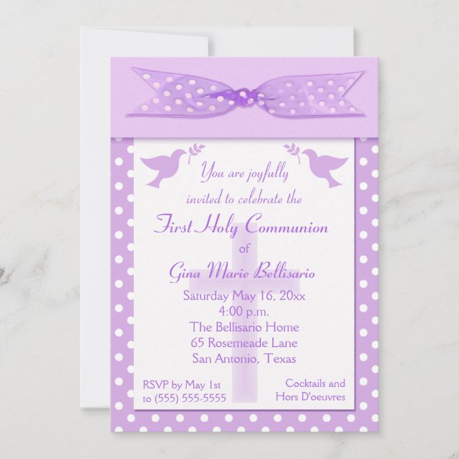 Lilac Polka Dot First Holy Communion Invitation (Front)