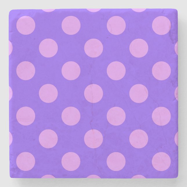 Lilac polka dots on periwinkle stone coaster (Front)