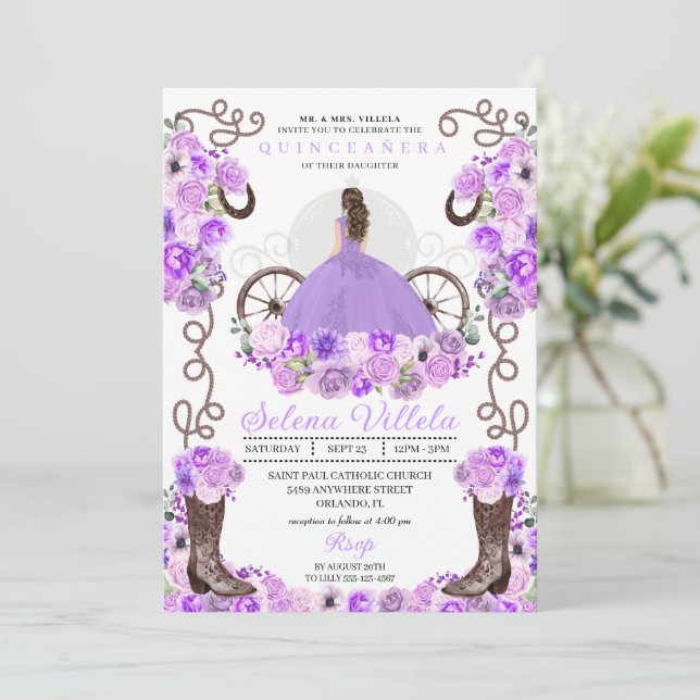 Lilac Princess Dress & Boots Quinceañera Invitation (Standing Front)