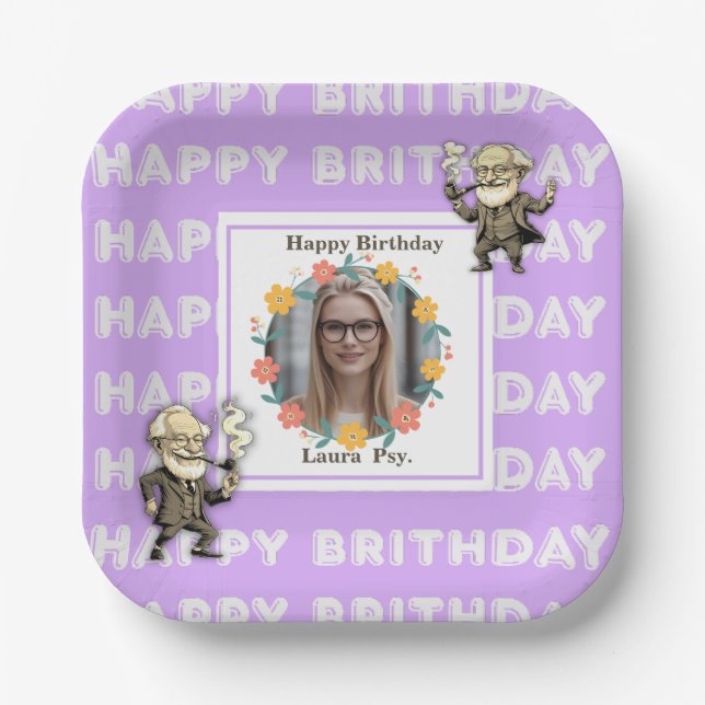 Lilac Psychology Birthday Photo Frame Freud Images Paper Plate (Front)