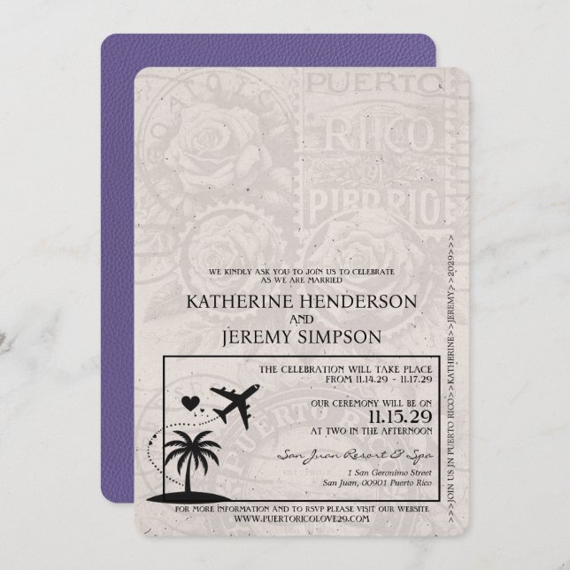 Lilac Puerto Rico Passport Wedding Invitation (Front/Back)
