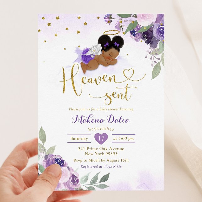 Lilac Purple Afro African Baby Heaven Sent Shower Invitation (Creator Uploaded)
