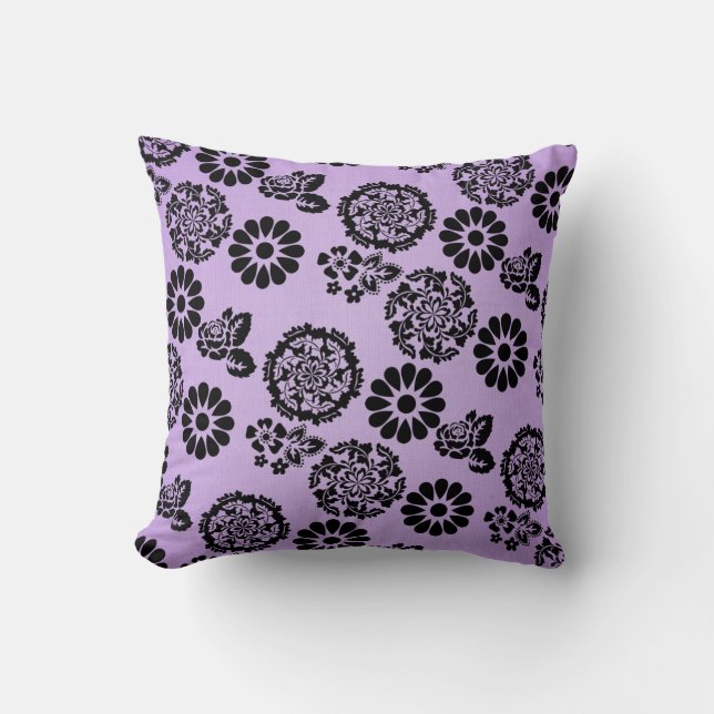 Lilac/Purple and Black Lacy Flower Pillow Cushion (Front)