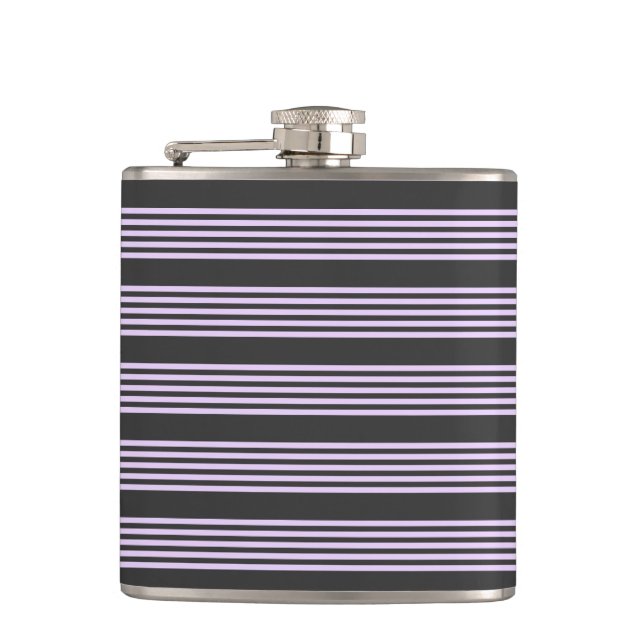Lilac purple and charcoal five stripes pattern hip flask (Front)