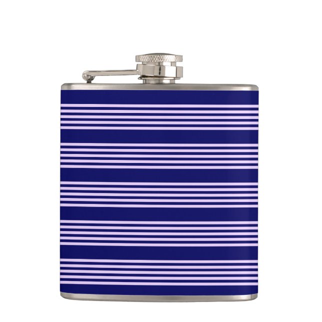 Lilac purple and navy blue five stripes pattern hip flask (Front)