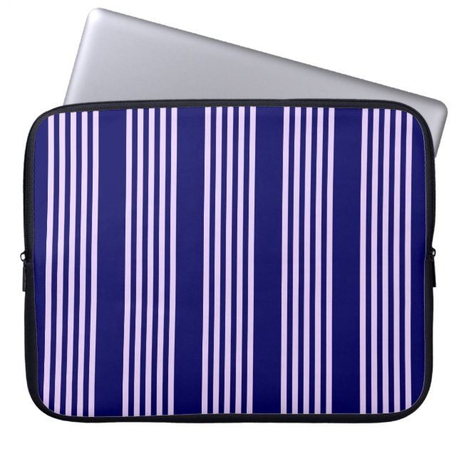 Lilac purple and navy blue five stripes pattern laptop sleeve (Front)