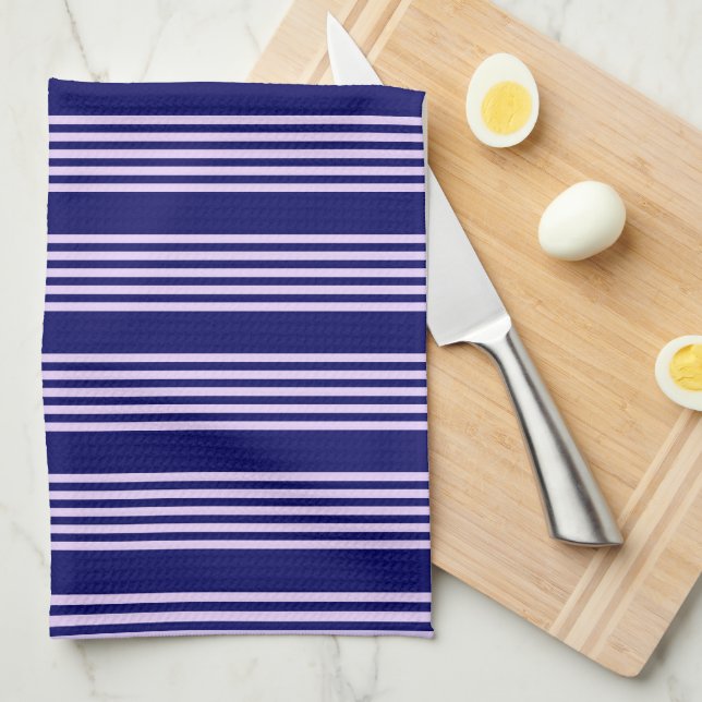 Lilac purple and navy blue five stripes pattern tea towel (Quarter Fold)