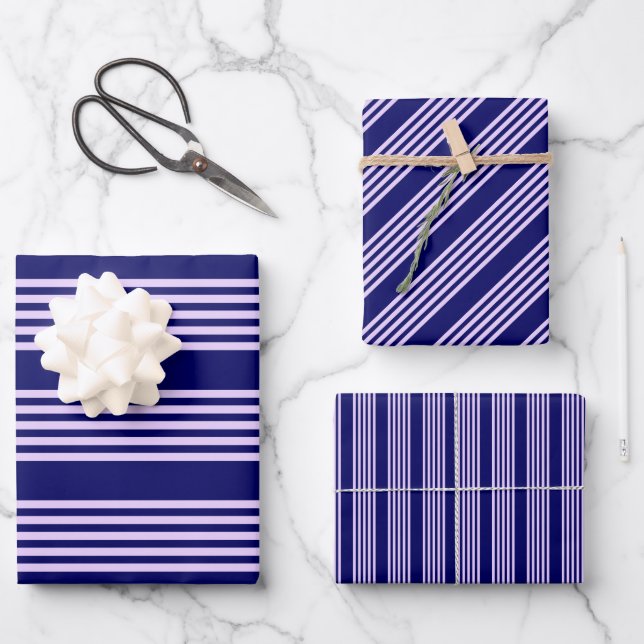 Lilac purple and navy blue five stripes pattern wrapping paper sheet (Front)