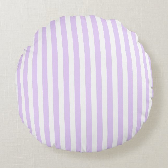 Lilac purple and white candy stripes round cushion (Front)
