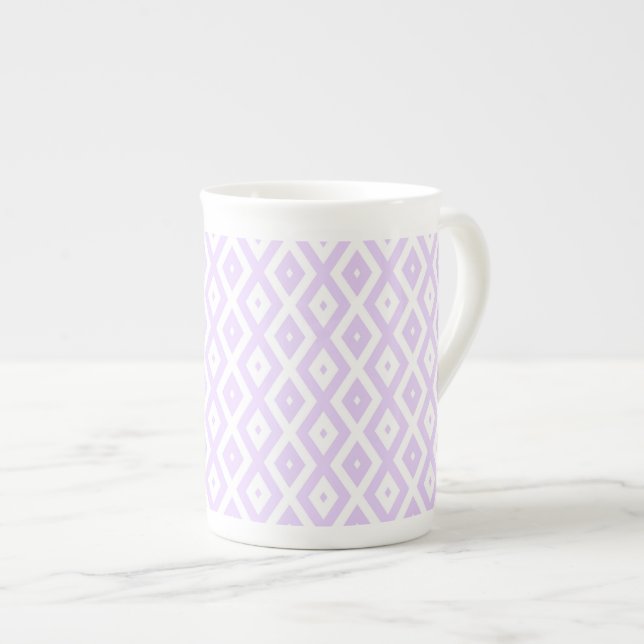 Lilac purple and white diamond pattern bone china mug (Front Right)