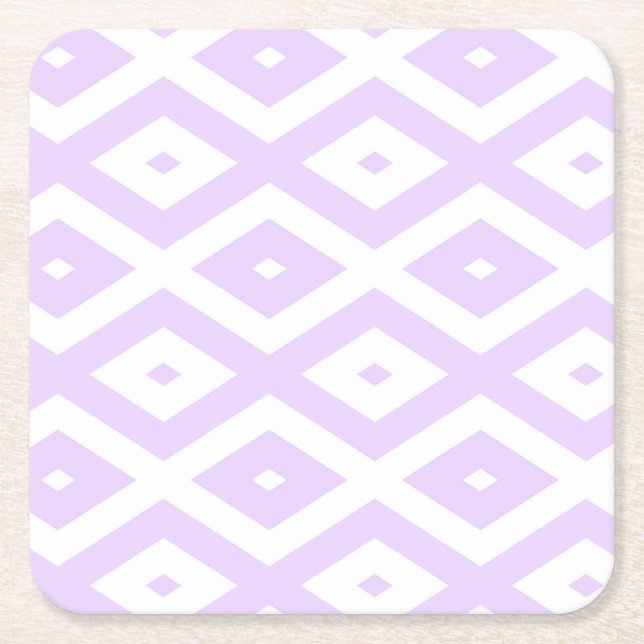 Lilac purple and white diamond pattern square paper coaster (Front)