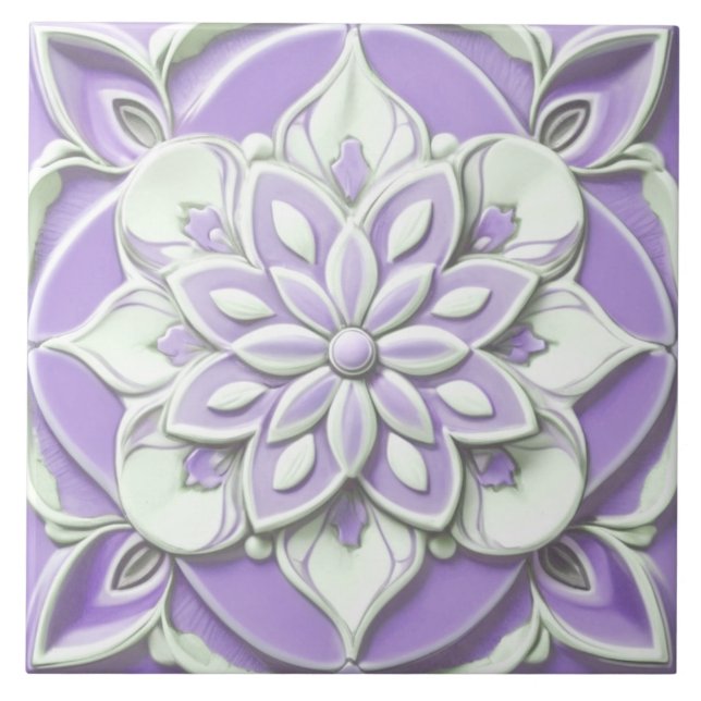 Lilac Purple and White Faux Relief Floral Flower Tile (Front)