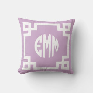 Lilac Purple and White Greek Key Circle Monogram Cushion