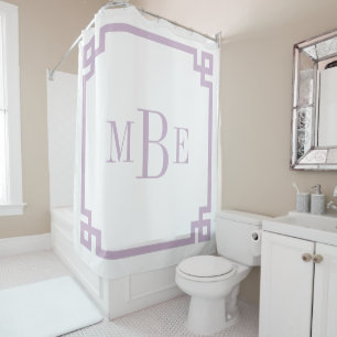 Lilac Purple and White Greek Key   Monogrammed Shower Curtain