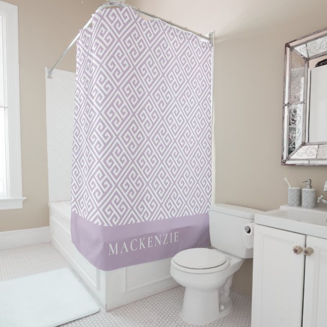 Lilac Purple and White Greek Key Name Monogram Shower Curtain (In Situ)