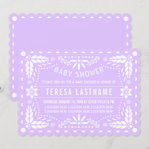 Lilac purple and white papel picado baby shower invitation
