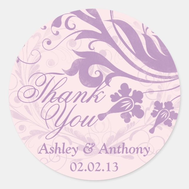 Lilac Purple Blush Floral Wedding Thank You Favour Classic Round Sticker (Front)