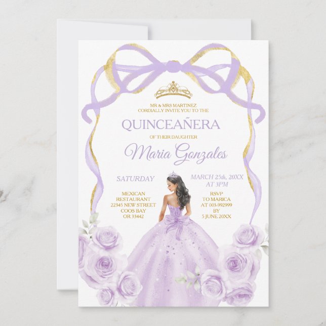 Lilac Purple Bow Princess Gold Crown Quinceañera Invitation (Front)