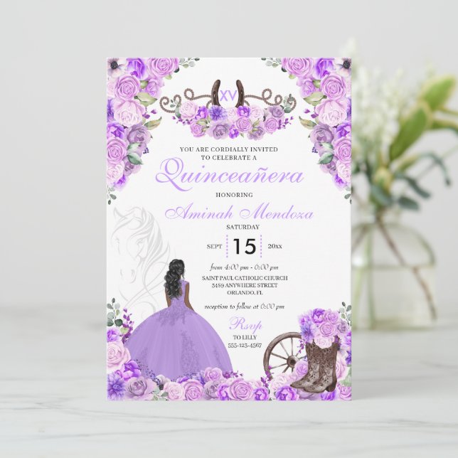 Lilac Purple Charra Floral Boots Quinceañera Invitation (Standing Front)