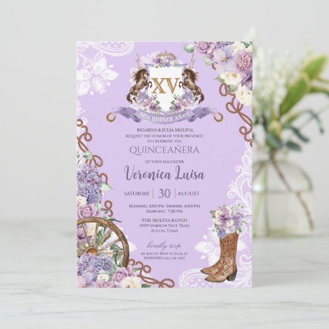 Lilac Purple Classy Western Charro Quinceanera Invitation (Standing Front)