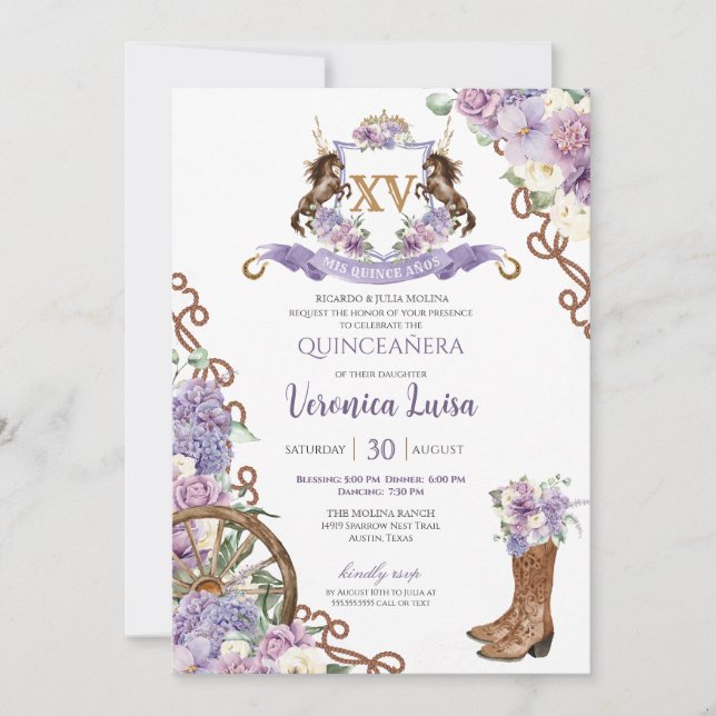 Lilac Purple Classy Western Charro Quinceanera Invitation (Front)