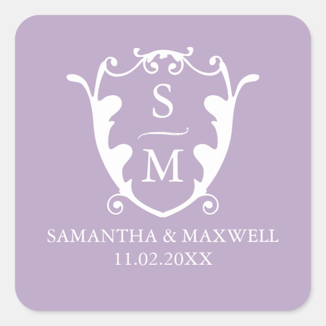 Lilac Purple Crest Monogram Wedding Stickers (Front)
