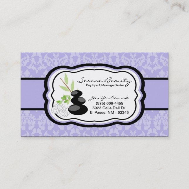 Lilac Purple Damask Spa Hot Stones Business Card (Front)