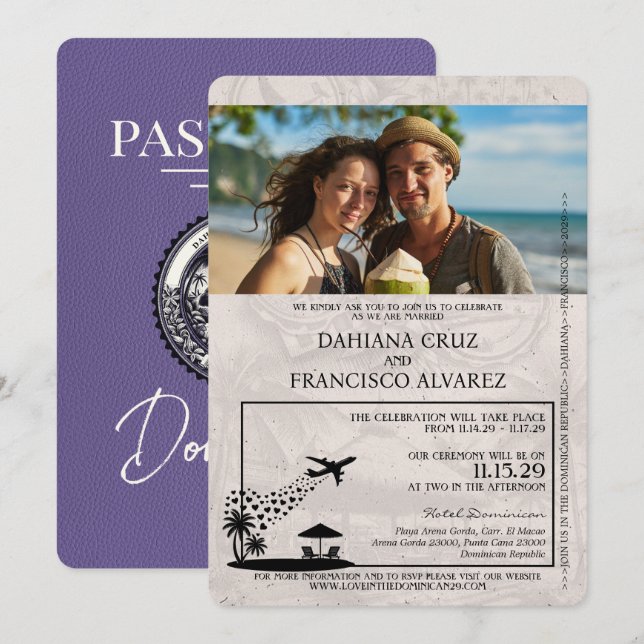 Lilac Purple Dominican Republic Passport Wedding Invitation (Front/Back)