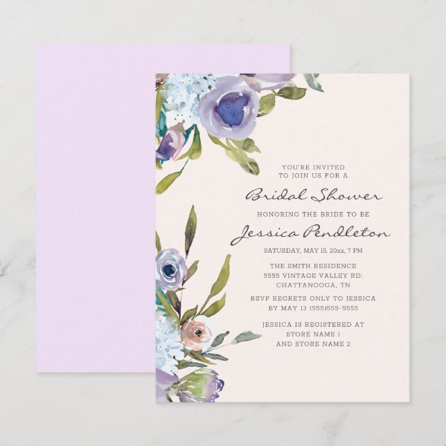 Lilac Purple Dusty Blue Floral Bridal Shower Invitation (Front/Back)