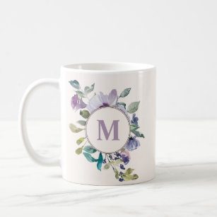 Lilac Purple Dusty Blue Floral Monogram Initial Coffee Mug