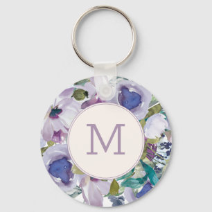 Lilac Purple Dusty Blue Watercolor Floral Mongram Key Ring