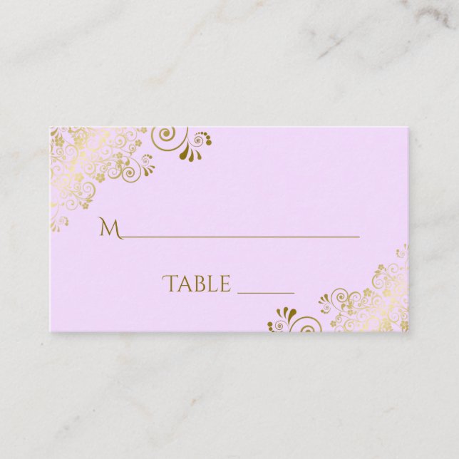 Lilac Purple Elegant Gold Lace Wedding Escort Card (Front)