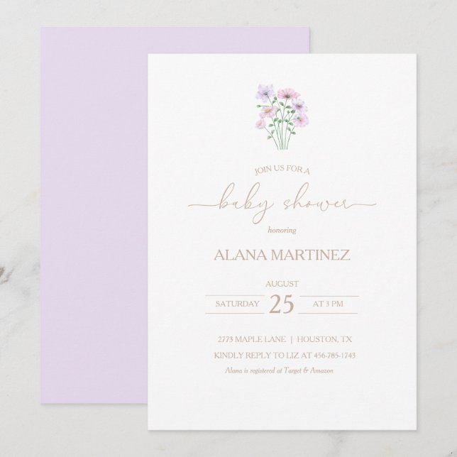 Lilac Purple Floral Baby Shower Invitation (Front/Back)