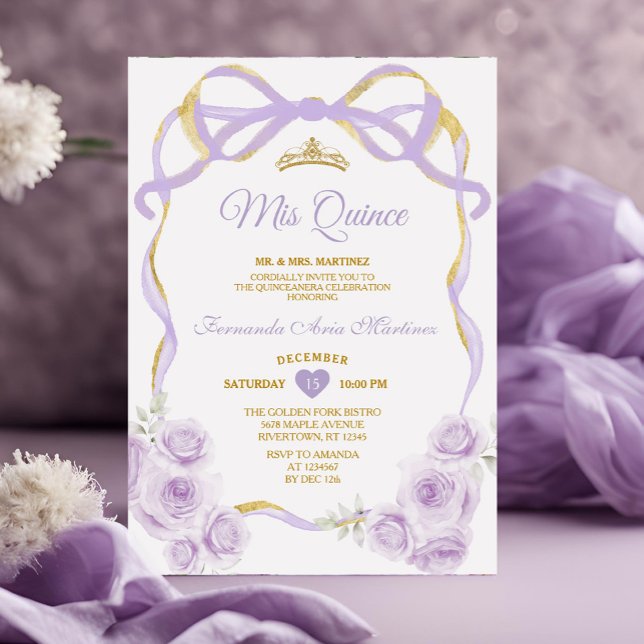 Lilac Purple Floral Bow Gold Ribbon Mis Quince Invitation (Creator Uploaded)