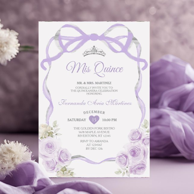 Lilac Purple Floral Bow Ribbon Silver Mis Quince Invitation (Creator Uploaded)