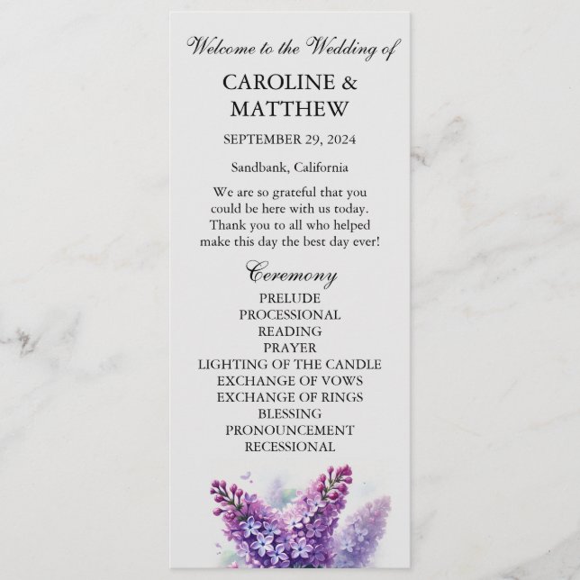 Lilac Purple Floral Elegant Modern Wedding  Programme (Front)