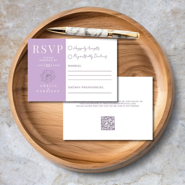Lilac Purple Floral Elegant Wedding RSVP Card (Lilac Purple Floral Elegant Wedding RSVP Card with Dietary Preferences, QR Code, Wedding Website.)