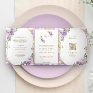 Lilac Purple Floral Gold Marble All in One Wedding Tri-Fold Invitation