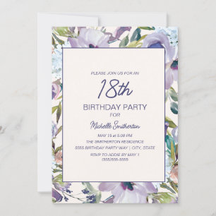 Lilac Purple Floral Greenery 18th Birthday Invitation