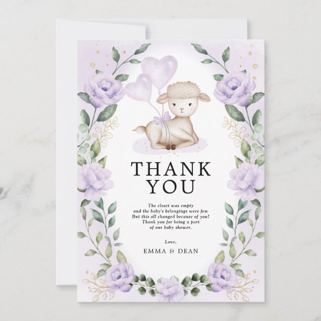 Lilac Purple Floral Little Lamb Baby Sheep Shower Thank You Card (Front)