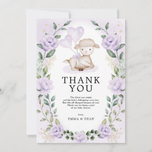 Lilac Purple Floral Little Lamb Baby Sheep Shower Thank You Card