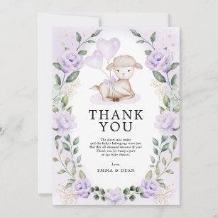Lilac Purple Floral Little Lamb Baby Sheep Shower Thank You Card