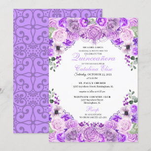 Lilac Purple Floral Quinceanera Birthday  Invitation