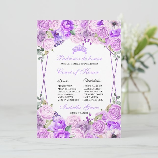 Lilac Purple Floral Quinceanera Court of Honour Invitation (Standing Front)