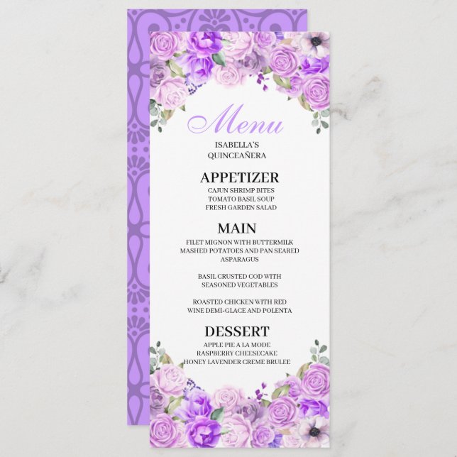 Lilac Purple Floral Quinceanera Menu Invitation (Front/Back)