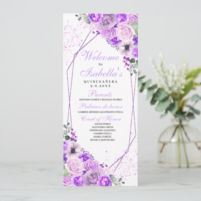 Lilac Purple Floral Quinceanera Program Invitation (Standing Front)