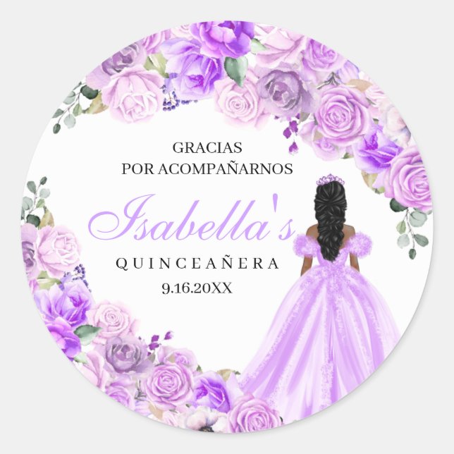Lilac Purple Floral Quinceanera Round Stickers (Front)