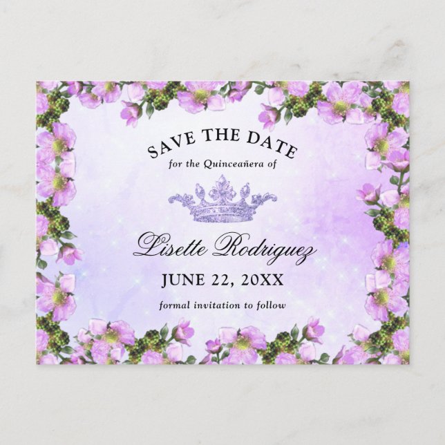 Lilac Purple Floral Quinceanera Save The Date Postcard (Front)